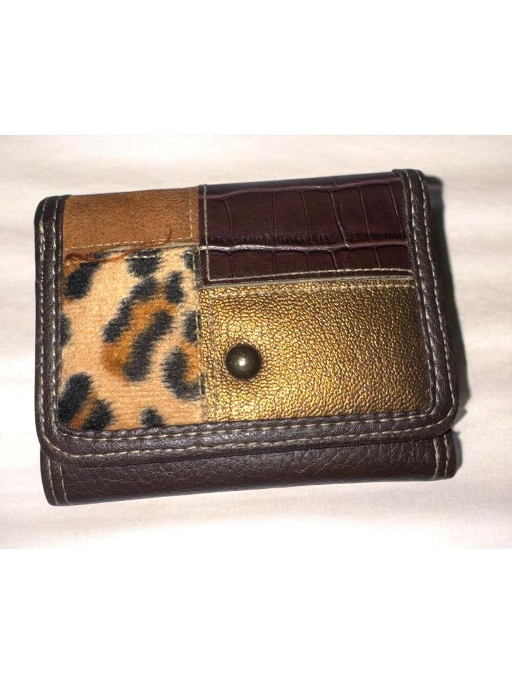 Patchwork Leopard Print Leather Tri-Fold Wallet With Snap Closure & Zipper Pocke